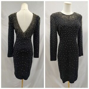 Vintage 80's ET AL Dress Black Sweater Gold Beaded V Back Bodycon Long Sleeve 4